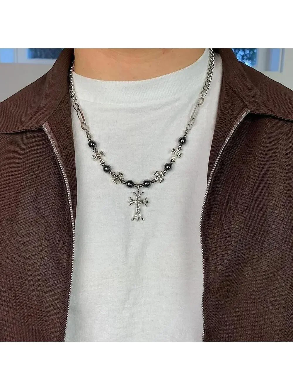 y2k 2000s style grunge chrome pearl rhinestone silver cross pendant Cuban link